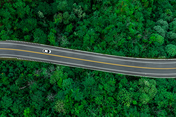 Aerial view of a winding road curving through a dense forest, seen from above